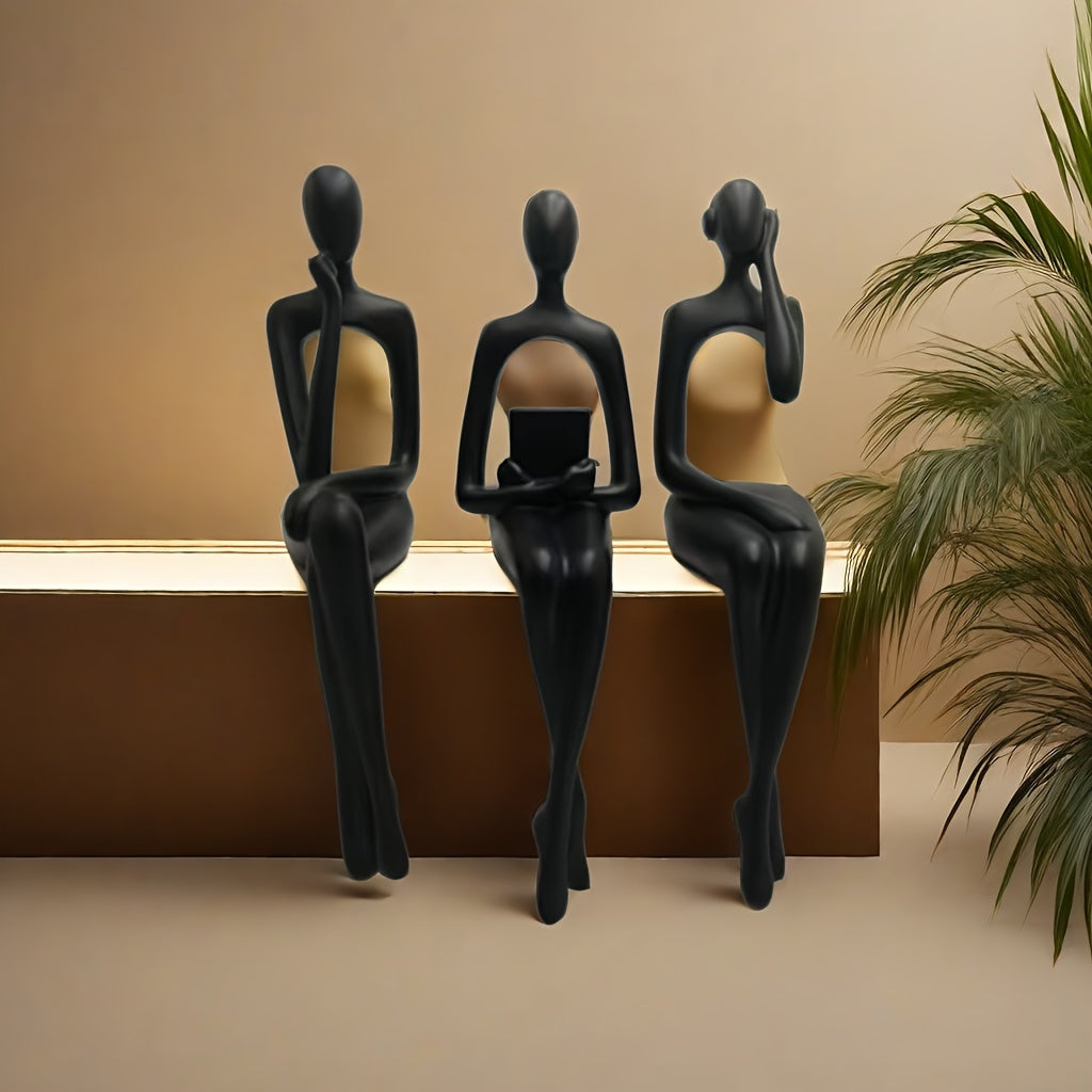 Elegant Black Abstract Thinker Statue Set 3 pcs set