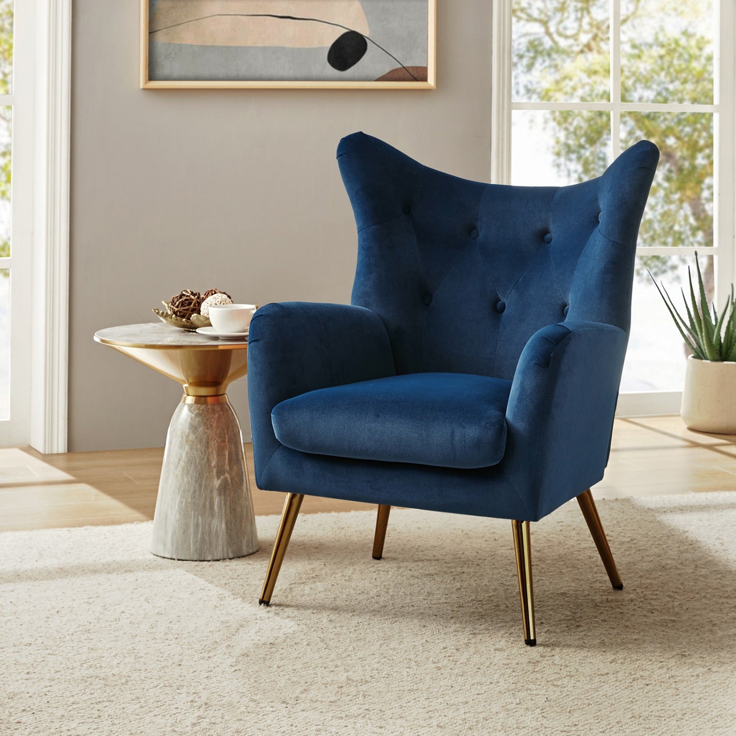 Velvet Accent Chair Modern Wingback Arm Chair with Metal Gold Legs Velvet Tufted Upholstered Single Sofa chair for Living Room Bedroom Accent Arm Chairs Club Guest Chair NAVY