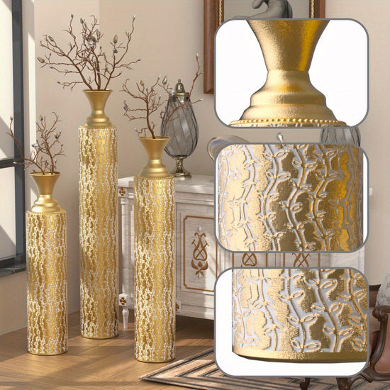 Set of 3 Distressed Metal Centerpieces  RV Interior Decor Vases with Growing Vine Patterns  Golden Finish 34 29 25 Height for Home Decoration