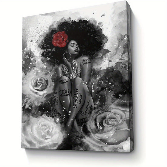 African American Woman Canvas Wall Art  Abstract Black Fashion Print with Rose Accents Inspirational Phrases Modern Portrait for Home Office Bedroom Bathroom  12x16 inch Wrapped Canvas Frame