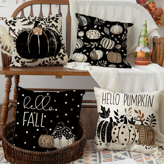 Set of 4 Fall Hello Pumpkin Leaves Throw Pillow Covers  Seat Cushions with Autumn Thanksgiving Harvest Polka Dot Black Decorations for Sofa Couch  18 X 18 Inch Soft and Cozy Home Decor Accents