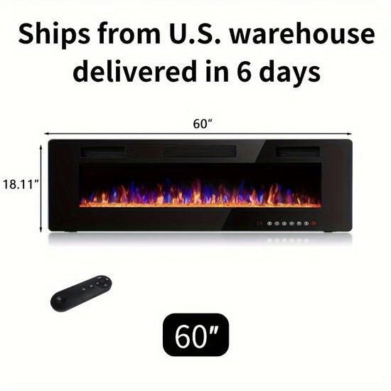 1500W 60 Electric Fireplace  InWall Recessed and Wall Mounted Linear Fireplace with Timer Multicolor Flames Touch Screen and Remote Control Black