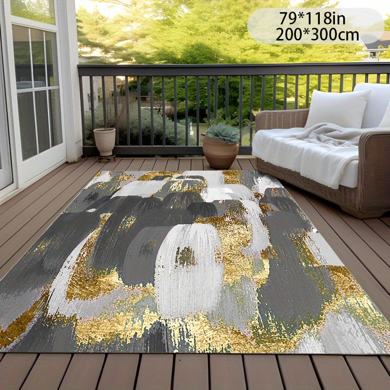 Luxurious Crystal Velvet Outdoor Rug with NonSlip Backing  Gray  Golden Graffiti Design 800gsm Perfect for Patio Garden Living Room Bedroom Classroom and Commercial Spaces